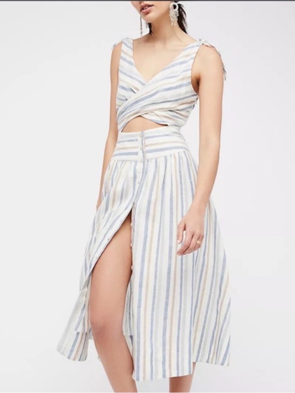 Free People Cream and Blue Striped Tie-Front Midi Skirt